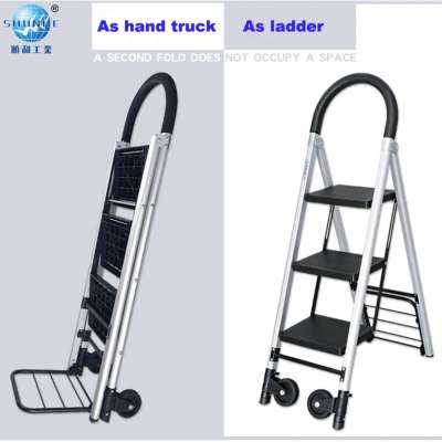 Domestic aluminium step ladder cart three steps platform ladder with 2-reel-wheels